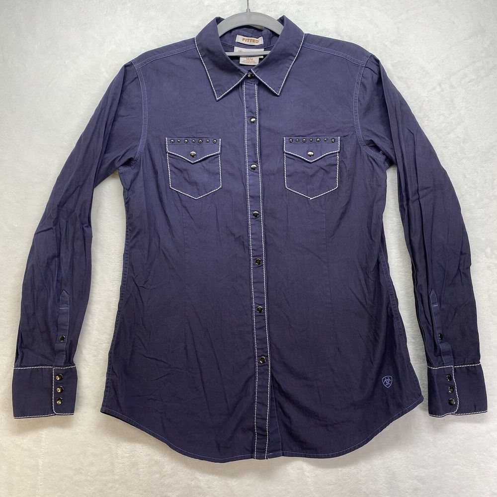 Ariat Shirt Womens‎ M Fitted Snaps Western Purple white trim Cross accent - flaw